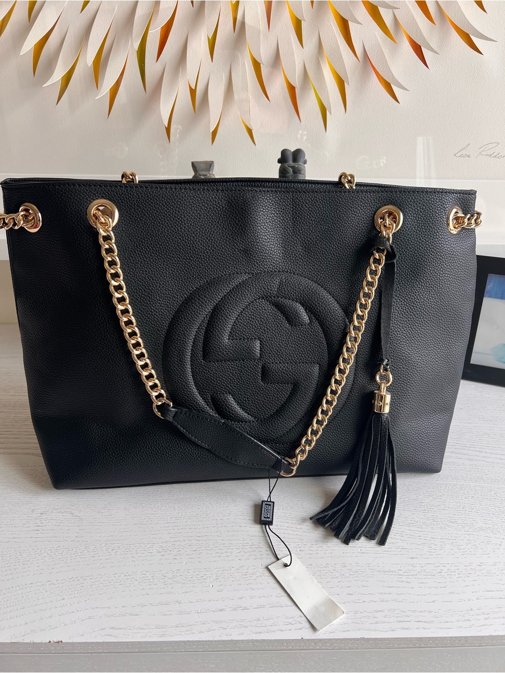 Black Pebbled Leather Tote with Gold Chain Handles